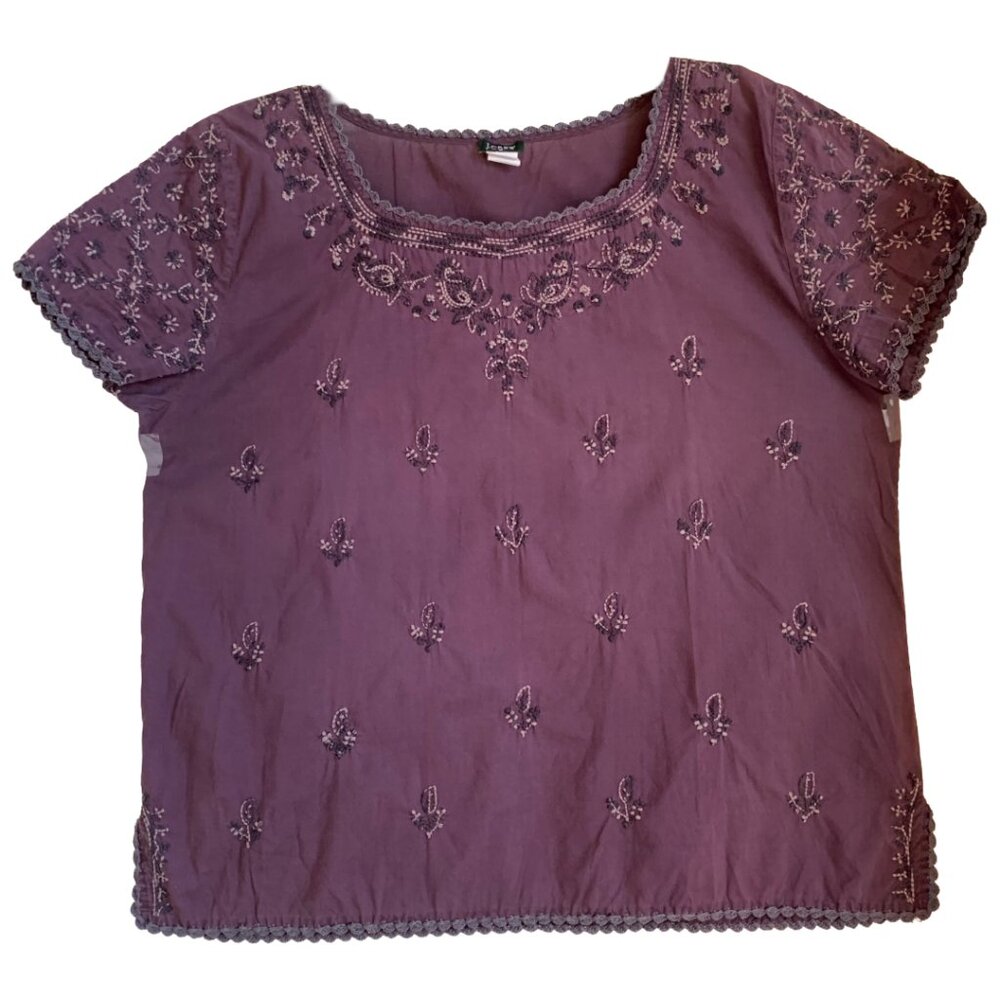 J.CREW Womens' Eggplant Purple Embroidered Short Sleeve Peasant Top Size L